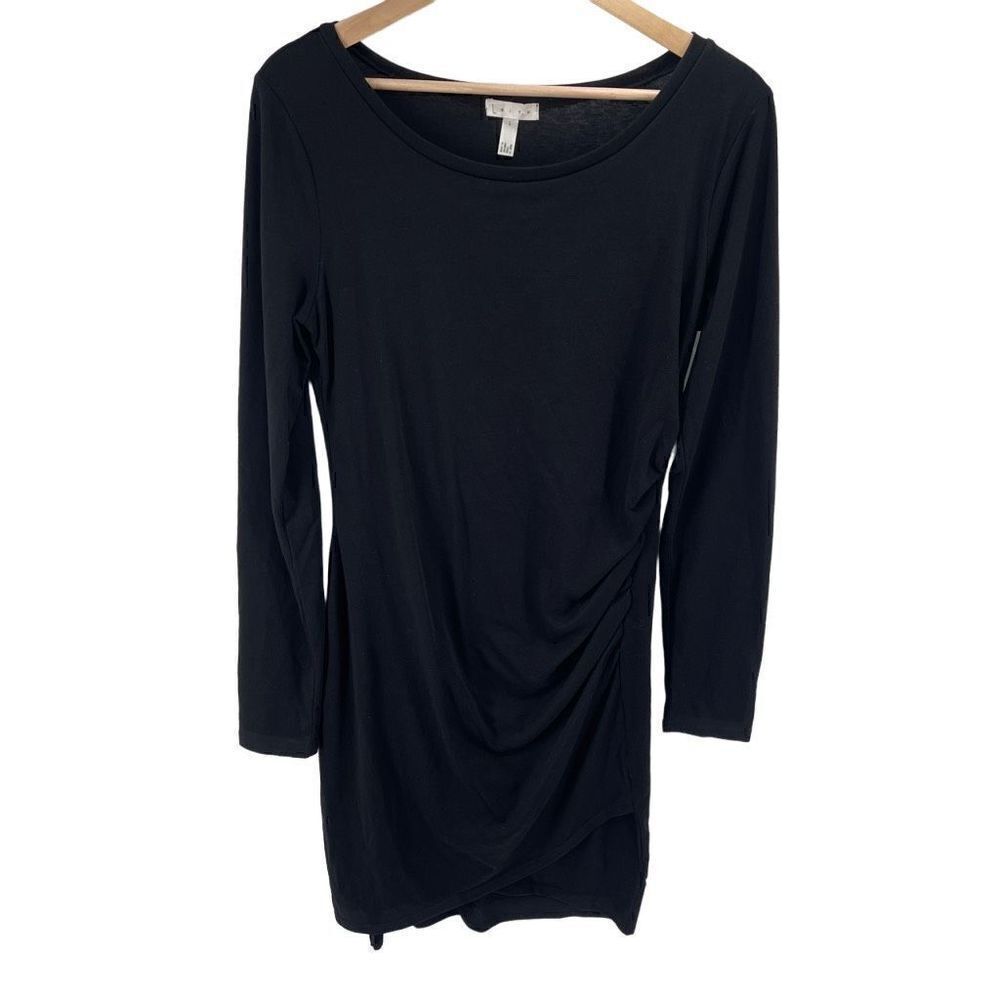 Leith Womens Long Sleeve Dress Ruched Round Neck Cotton Blend Mini Black Large